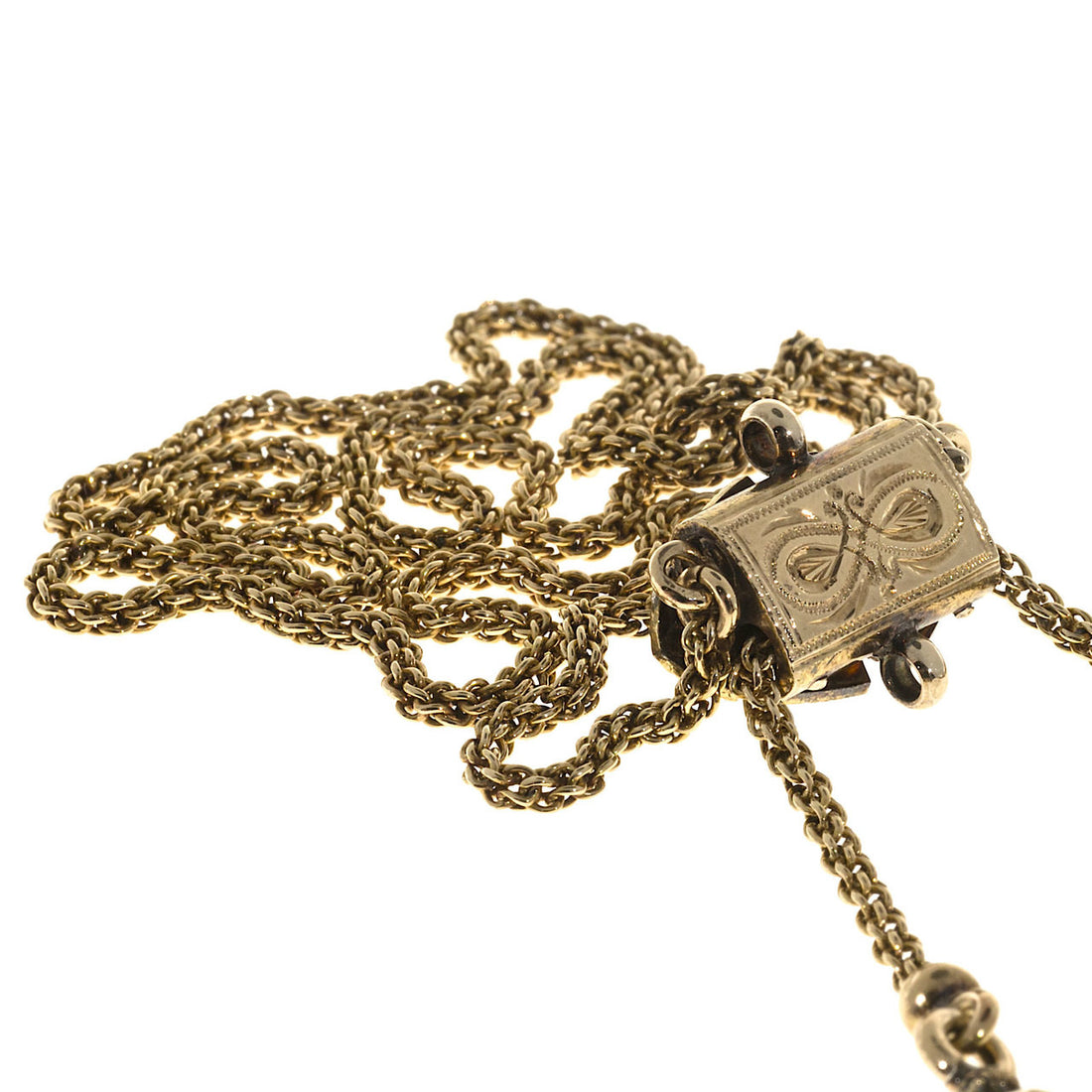 Victorian 14k Chain Double Tassel Patina Black Enamel Pearl Pendant Necklace – image 11