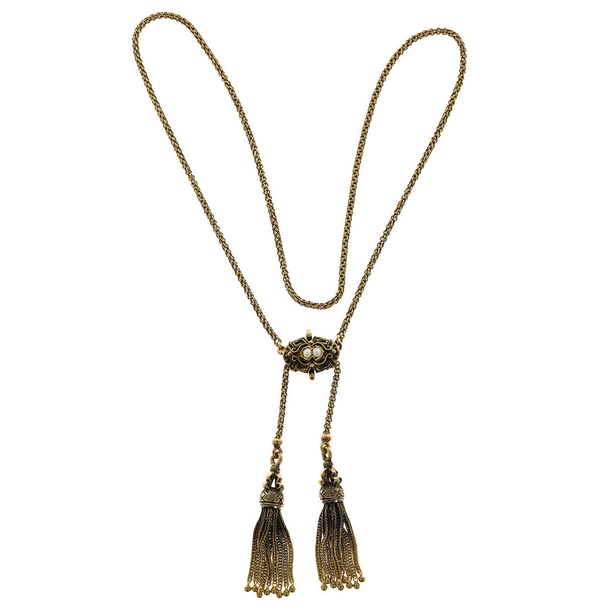 Victorian 14k Chain Double Tassel Patina Black Enamel Pearl Pendant Necklace