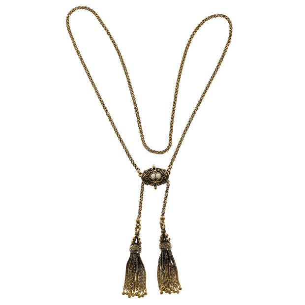 Victorian 14k Chain Double Tassel Patina Black Enamel Pearl Pendant Necklace