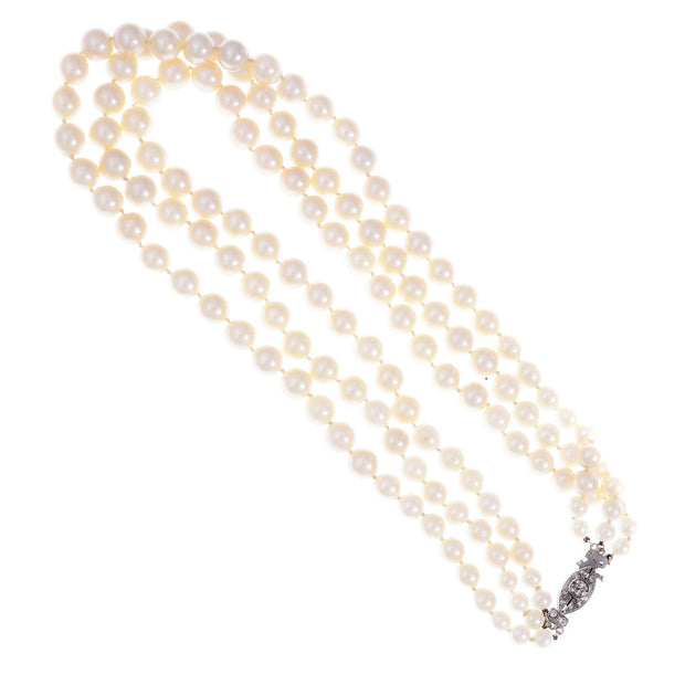 Art Deco 3 Strand Graduated Cultured Pearl Necklace 18k Diamond Catch 9 – 6mm