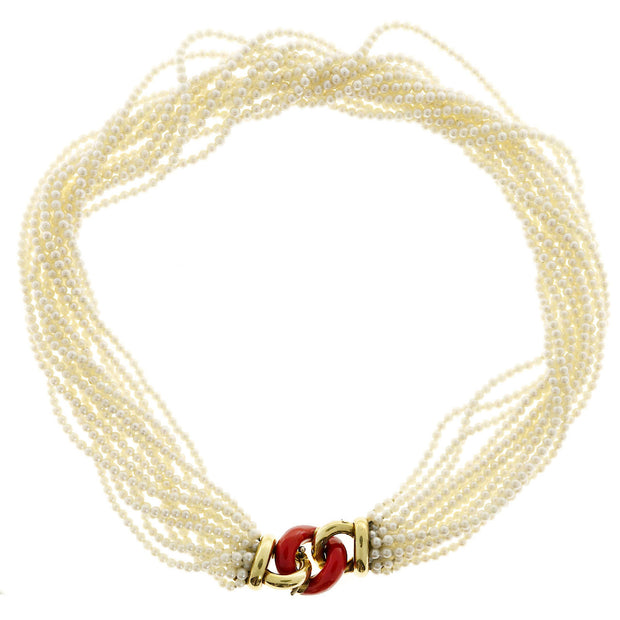 Estate 18k Gold 13 Strand Akoya Pearl Necklace Multicolor Enameled Center Link