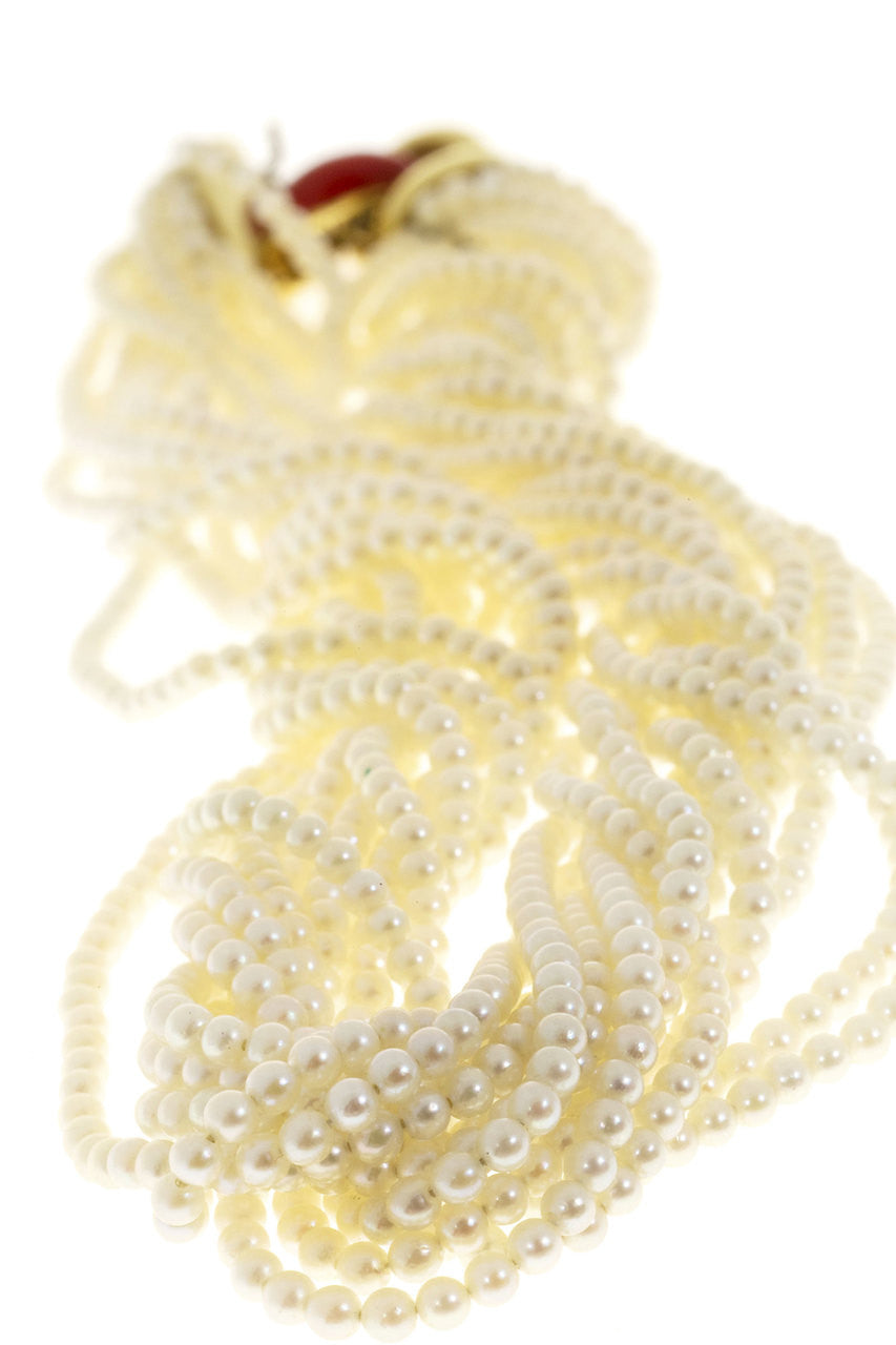 Estate 18k Gold 13 Strand Akoya Pearl Necklace Multicolor Enameled Center Link – image 8