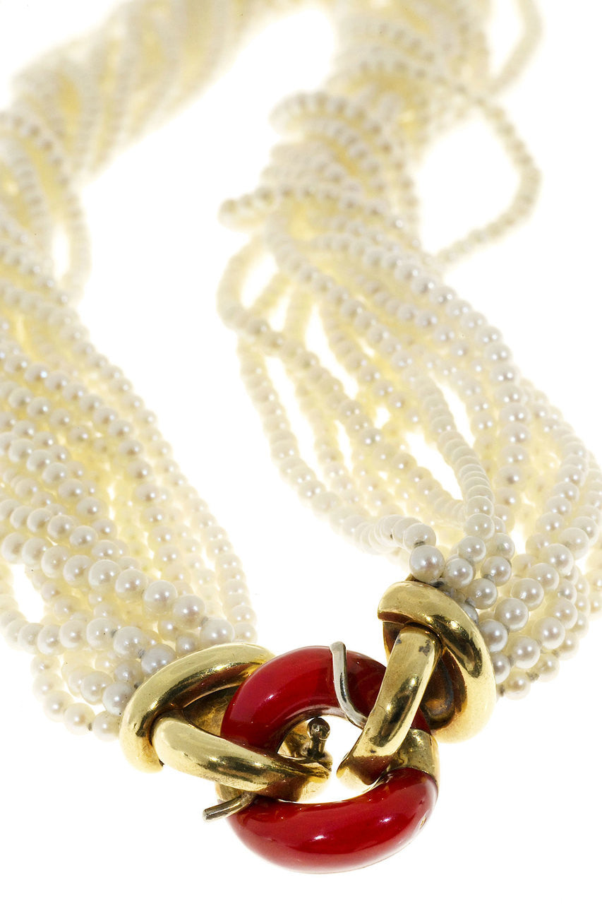 Estate 18k Gold 13 Strand Akoya Pearl Necklace Multicolor Enameled Center Link – image 9
