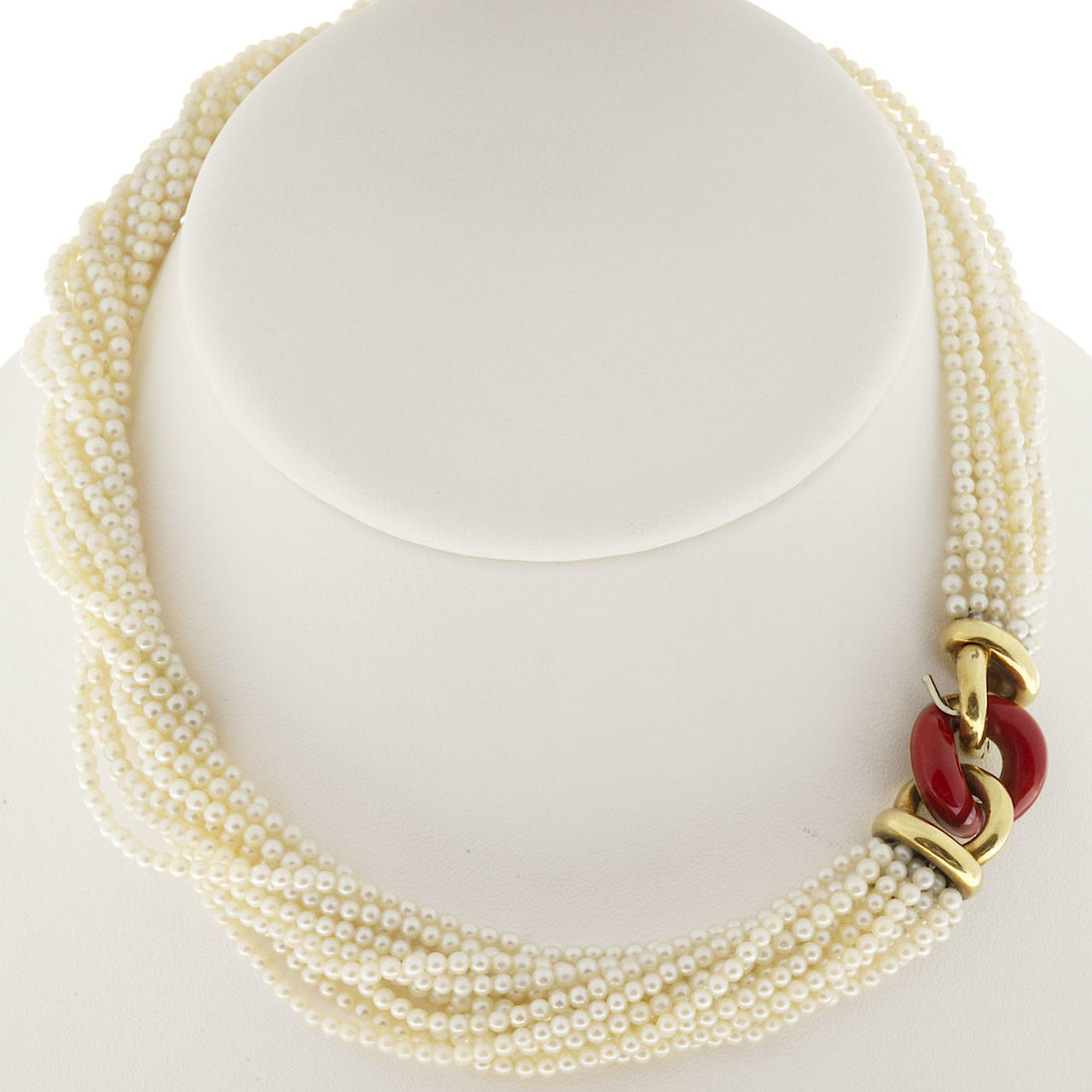Estate 18k Gold 13 Strand Akoya Pearl Necklace Multicolor Enameled Center Link – image 11