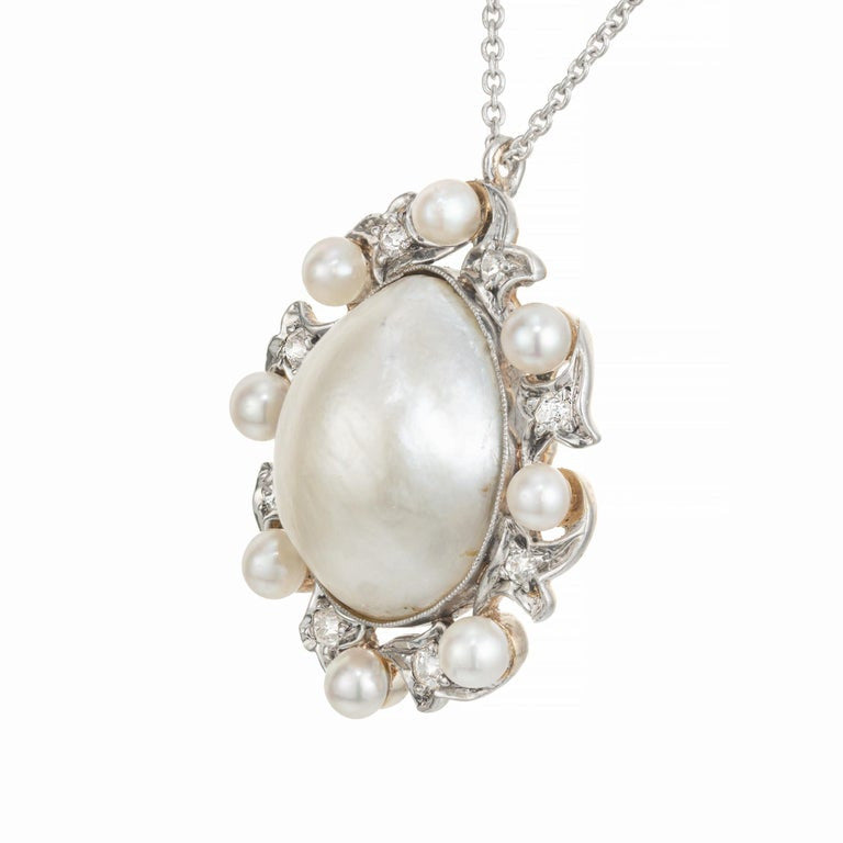 GIA Natural Saltwater Pearl Diamond Platinum Gold Edwardian Pendant Necklace – image 2