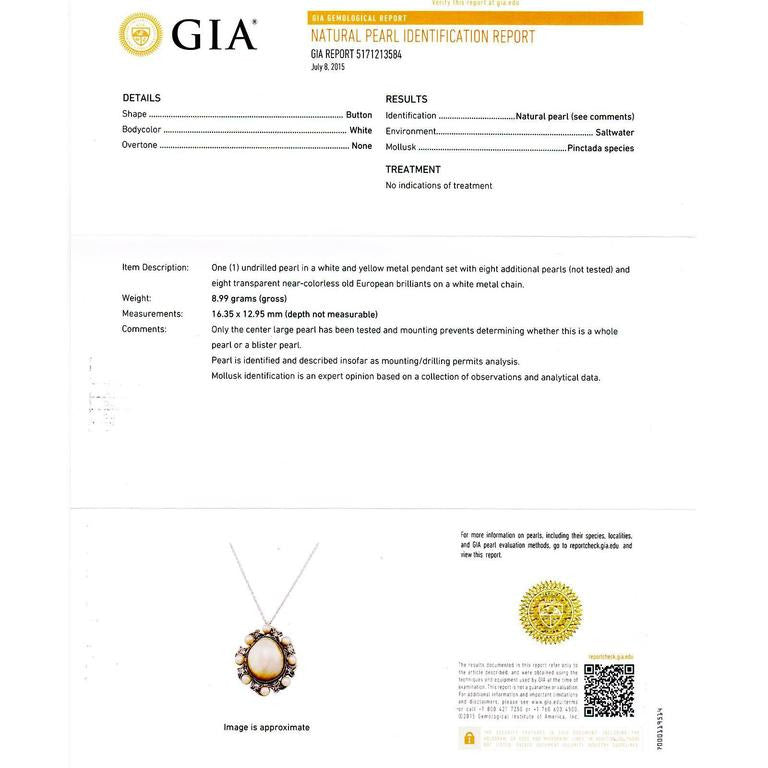 GIA Natural Saltwater Pearl Diamond Platinum Gold Edwardian Pendant Necklace – image 3
