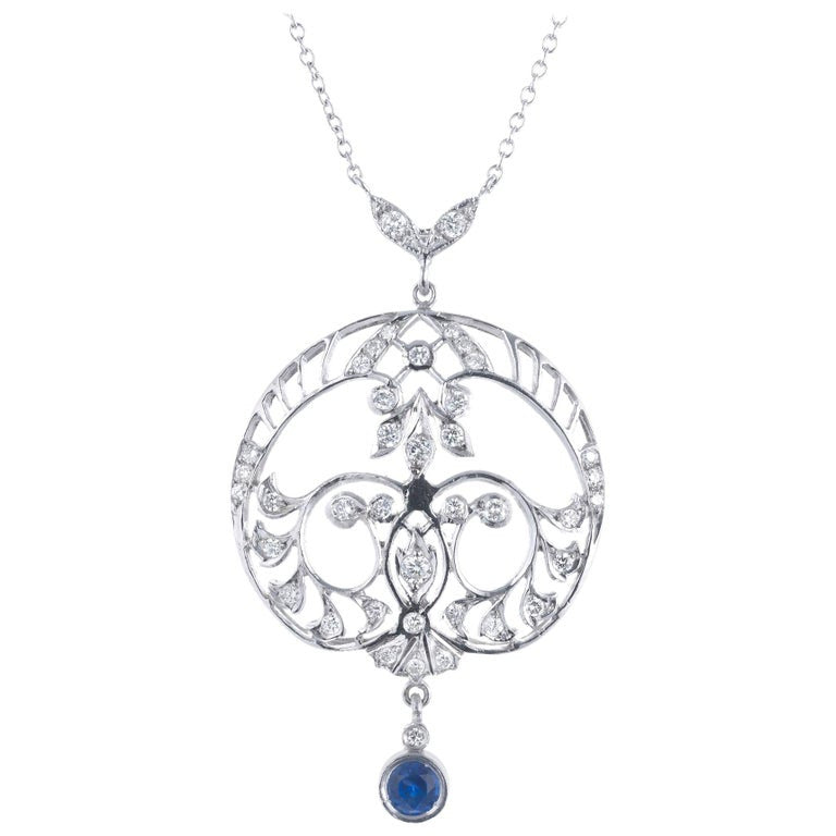 Sapphire Diamond Platinum Filigree Art Deco Drop Pendant Necklace