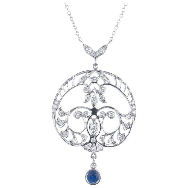 Sapphire Diamond Platinum Filigree Art Deco Drop Pendant Necklace