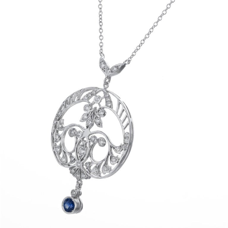 Sapphire Diamond Platinum Filigree Art Deco Drop Pendant Necklace – image 2