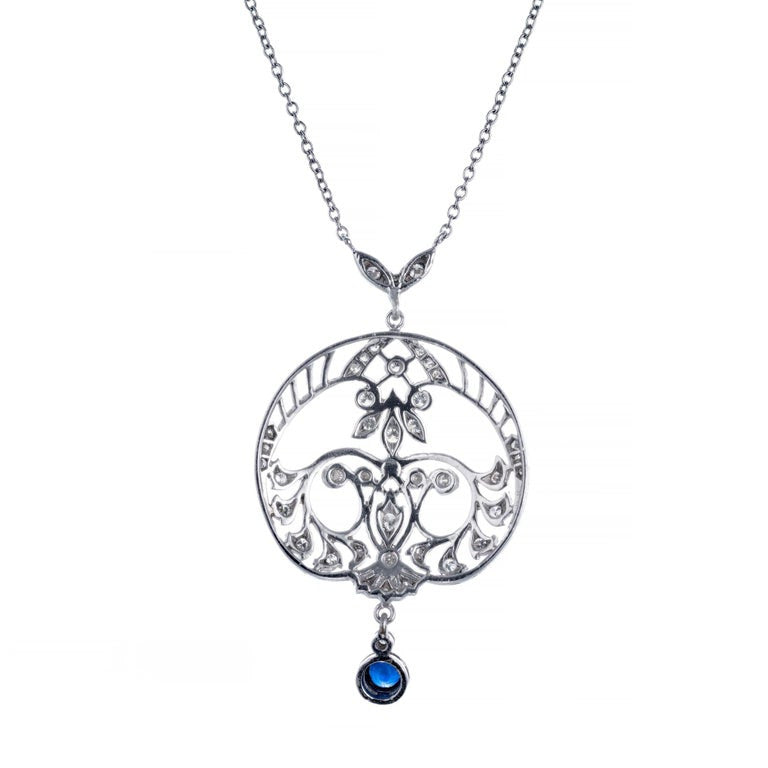 Sapphire Diamond Platinum Filigree Art Deco Drop Pendant Necklace – image 3