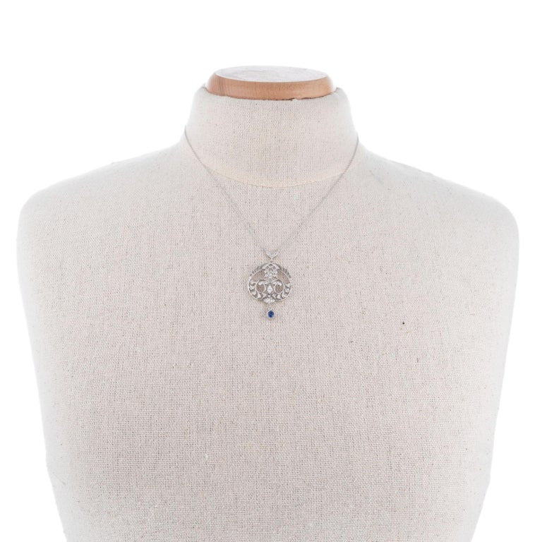Sapphire Diamond Platinum Filigree Art Deco Drop Pendant Necklace – image 4