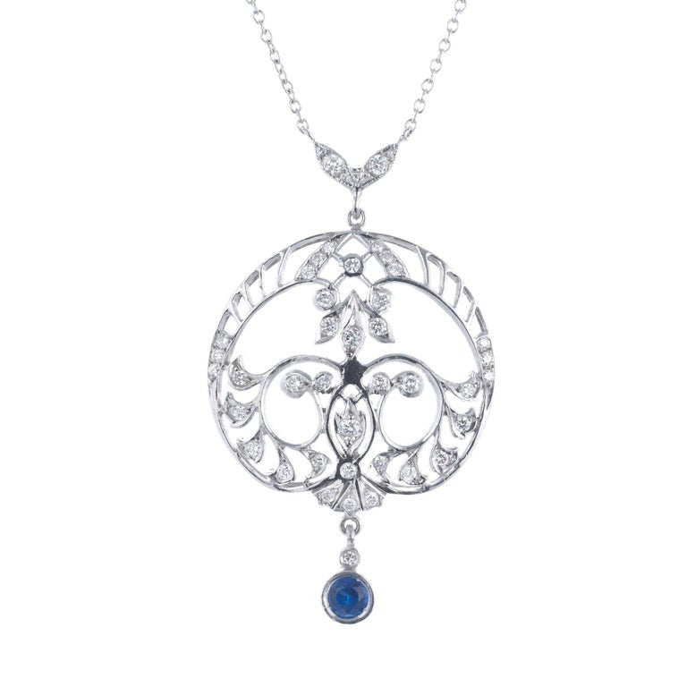 Sapphire Diamond Platinum Filigree Art Deco Drop Pendant Necklace – image 5
