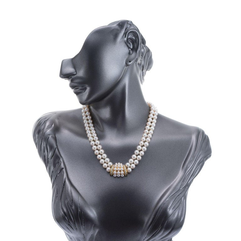 Mikimoto Double Strand Cultured Pearl Diamond Gold Necklace – image 7