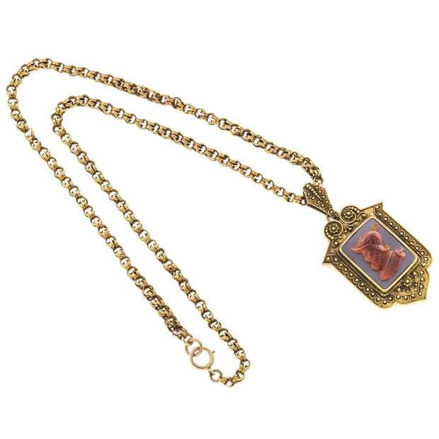 Victorian 1850s 14k Carnelian Hardstone Pendant Locket Necklace 20 1/4 In Chain