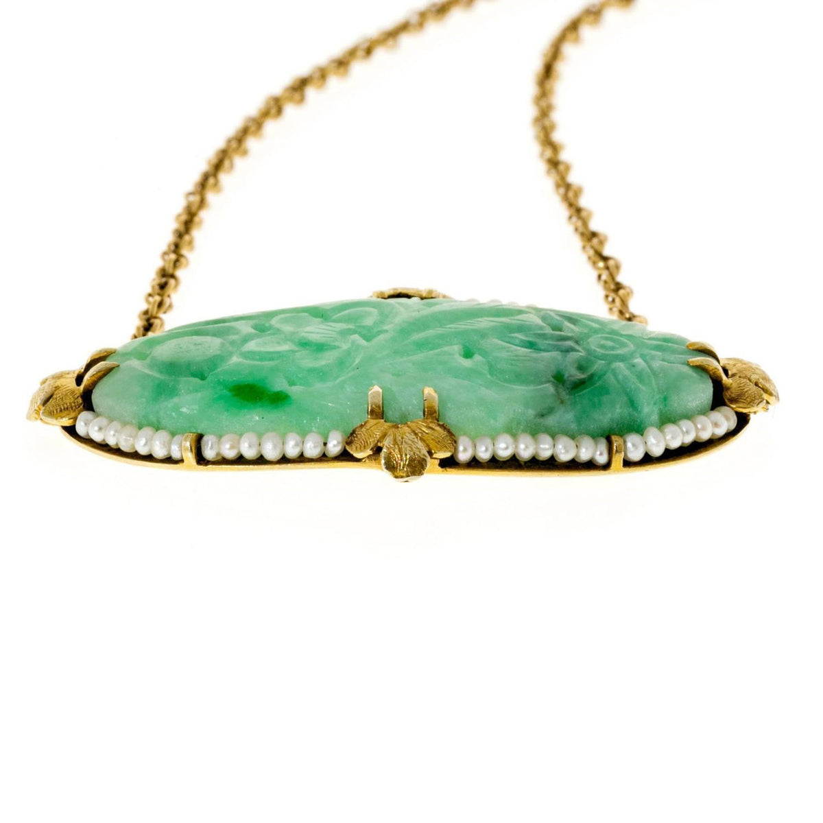 Carved Oval Jadeite Jade Natural Pearl Gold Pendant Necklace – image 3