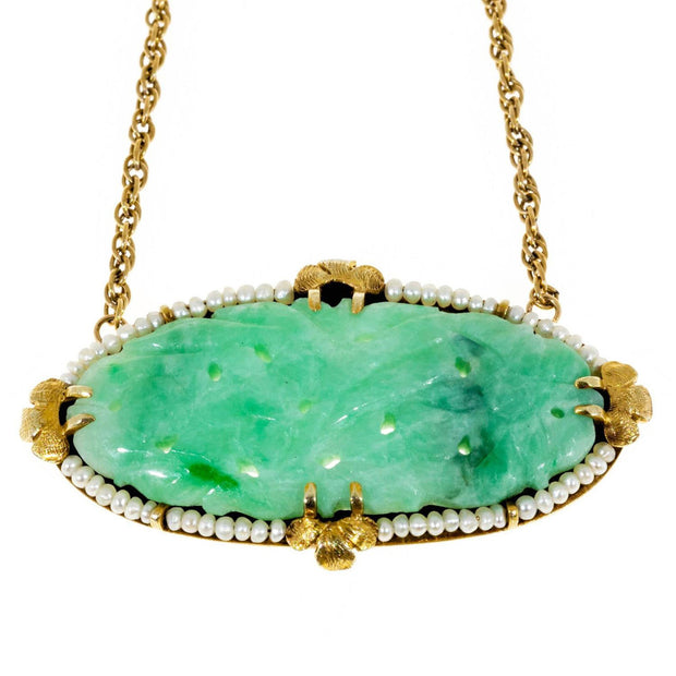 Carved Oval Jadeite Jade Natural Pearl Gold Pendant Necklace
