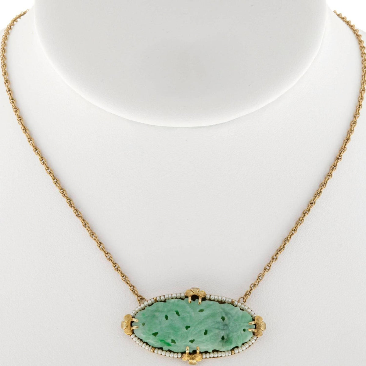 Carved Oval Jadeite Jade Natural Pearl Gold Pendant Necklace – image 6