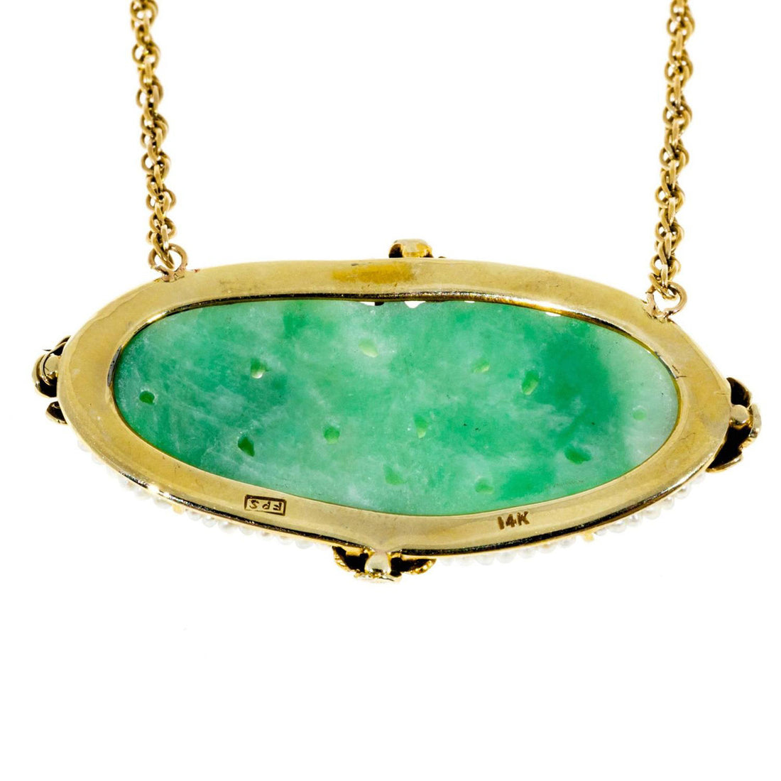 Carved Oval Jadeite Jade Natural Pearl Gold Pendant Necklace – image 7