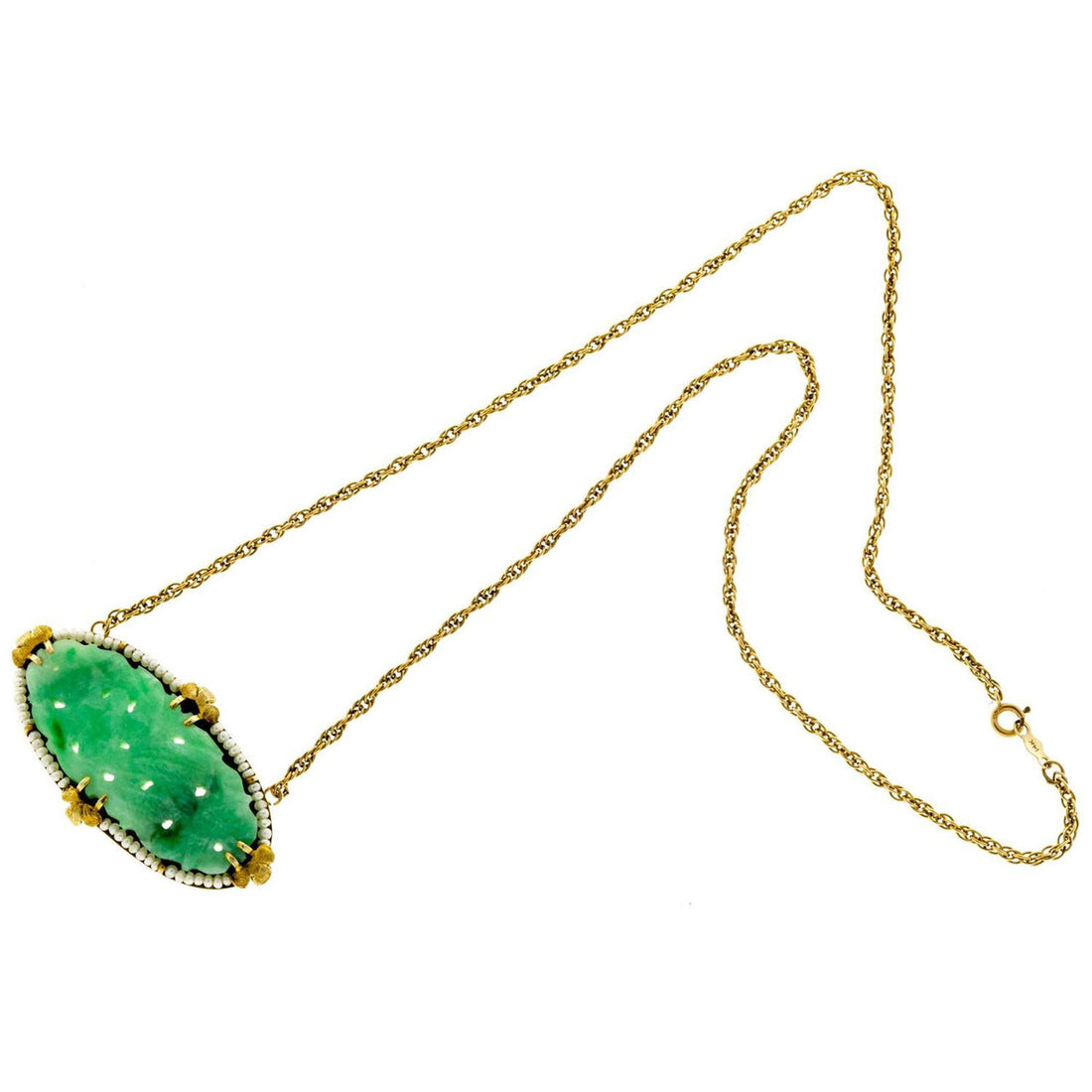 Carved Oval Jadeite Jade Natural Pearl Gold Pendant Necklace – image 2