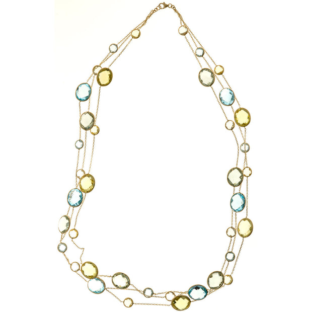 70.00 Cart Lemon Quartz Blue Topaz Green Amethyst Gold Three Strand Necklace