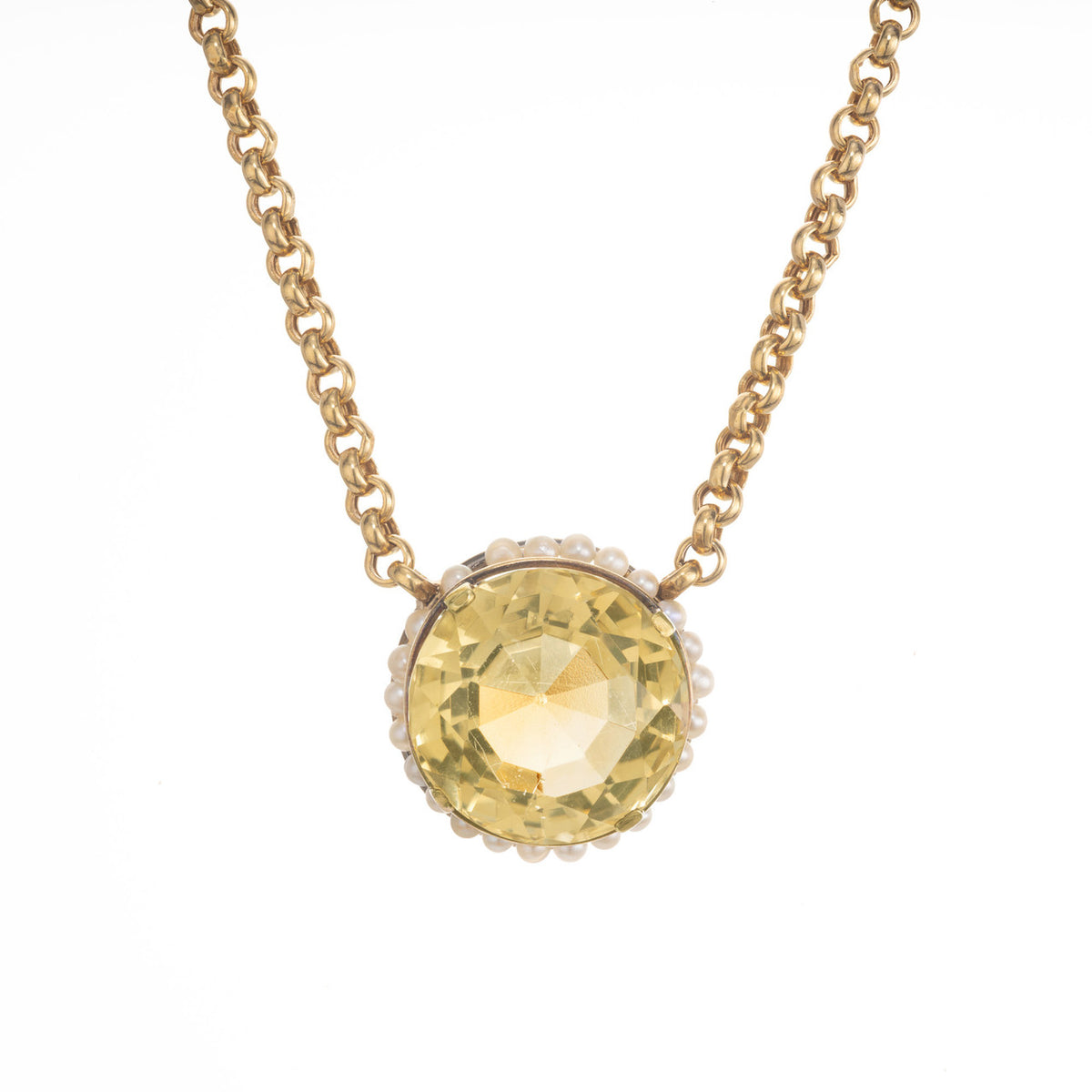 11.00 Carat Round Citrine Pearl Halo 14k Yellow Gold Victorian Pendant Necklace