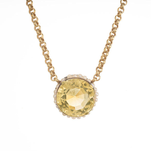 11.00 Carat Round Citrine Pearl Halo 14k Yellow Gold Victorian Pendant Necklace