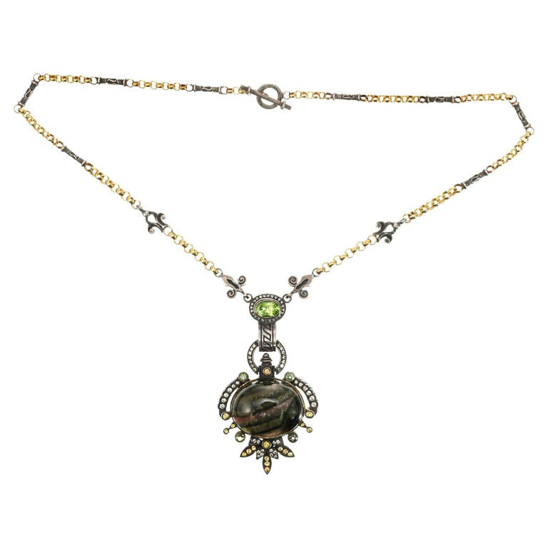 Byzantine Blackened Silver 27ct Tourmaline Peridot Diamond Pendant Necklace