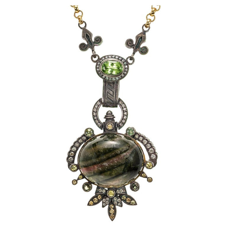 Byzantine Blackened Silver 27ct Tourmaline Peridot Diamond Pendant Necklace – image 4