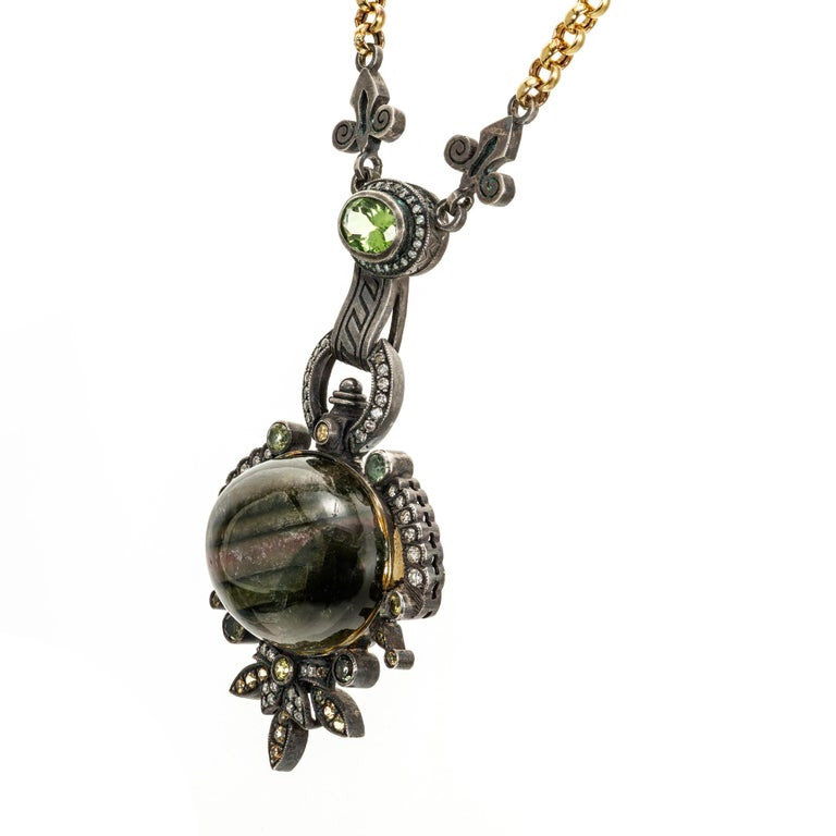Byzantine Blackened Silver 27ct Tourmaline Peridot Diamond Pendant Necklace – image 2