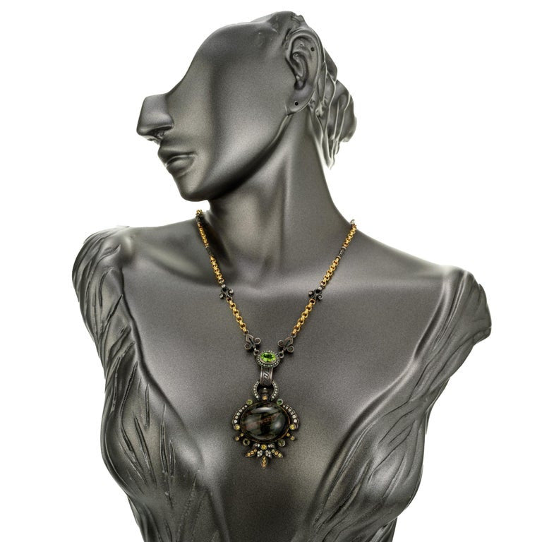 Byzantine Blackened Silver 27ct Tourmaline Peridot Diamond Pendant Necklace – image 5