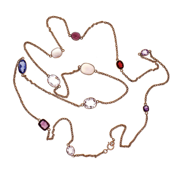 Rare Long Chain 40 Inches 13.8cts Semi Precious Stones 14k Yellow Gold