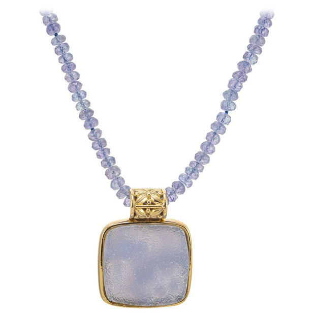 13.00 Carat Druzy Quartz Faceted Bead Yellow Gold Pendant Necklace