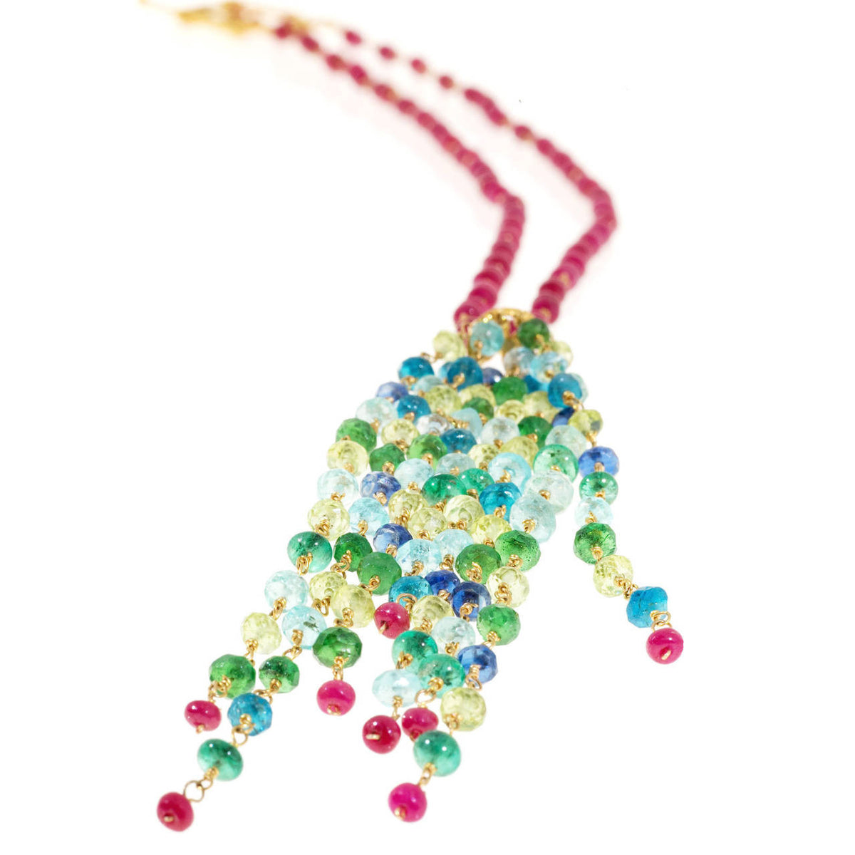 Estate 18k Gold Ruby And Multi Stone Hand Wired Rondell Bead Toggle Necklace – image 5