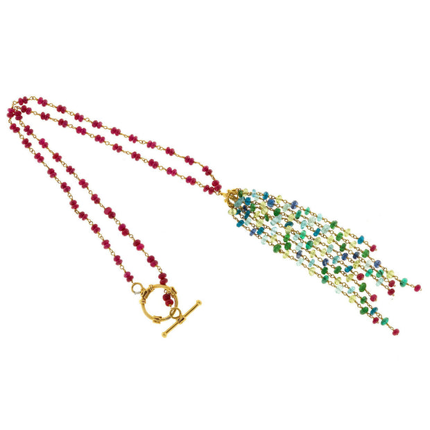 Estate 18k Gold Ruby And Multi Stone Hand Wired Rondell Bead Toggle Necklace