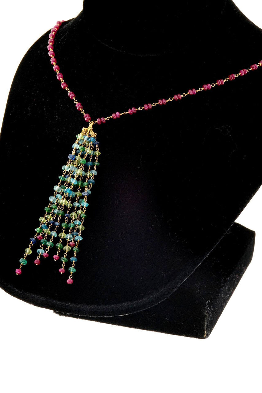 Estate 18k Gold Ruby And Multi Stone Hand Wired Rondell Bead Toggle Necklace – image 3