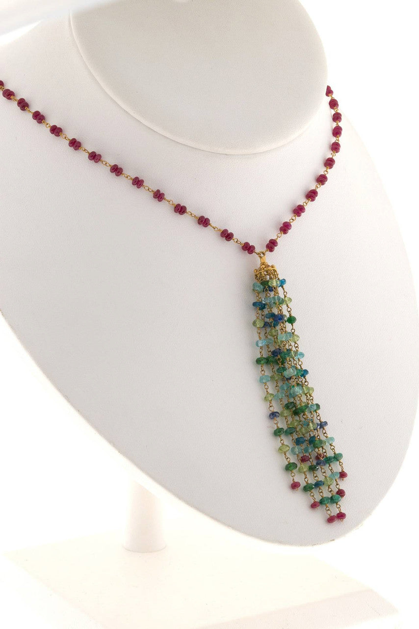 Estate 18k Gold Ruby And Multi Stone Hand Wired Rondell Bead Toggle Necklace – image 9