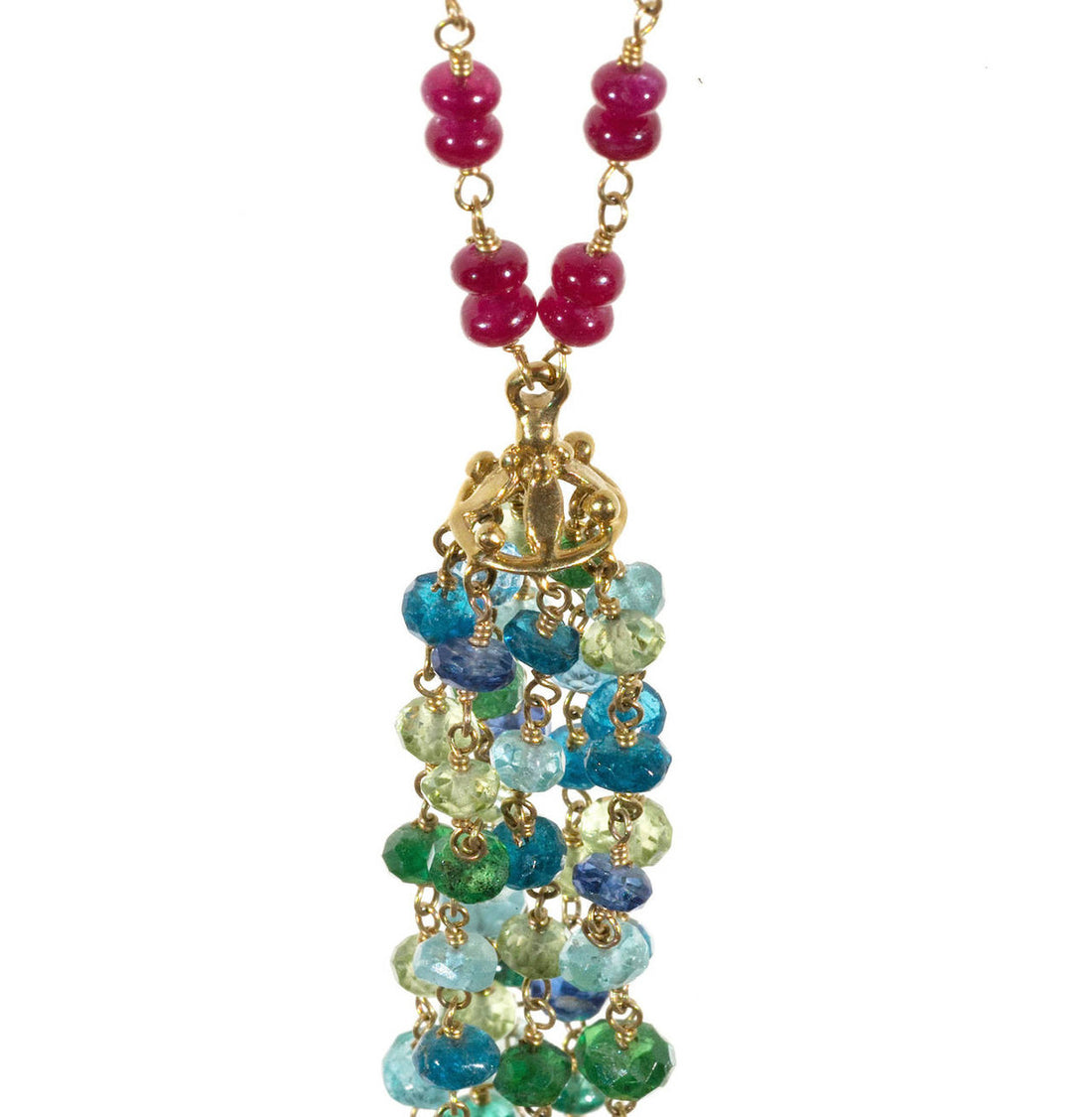 Estate 18k Gold Ruby And Multi Stone Hand Wired Rondell Bead Toggle Necklace – image 7