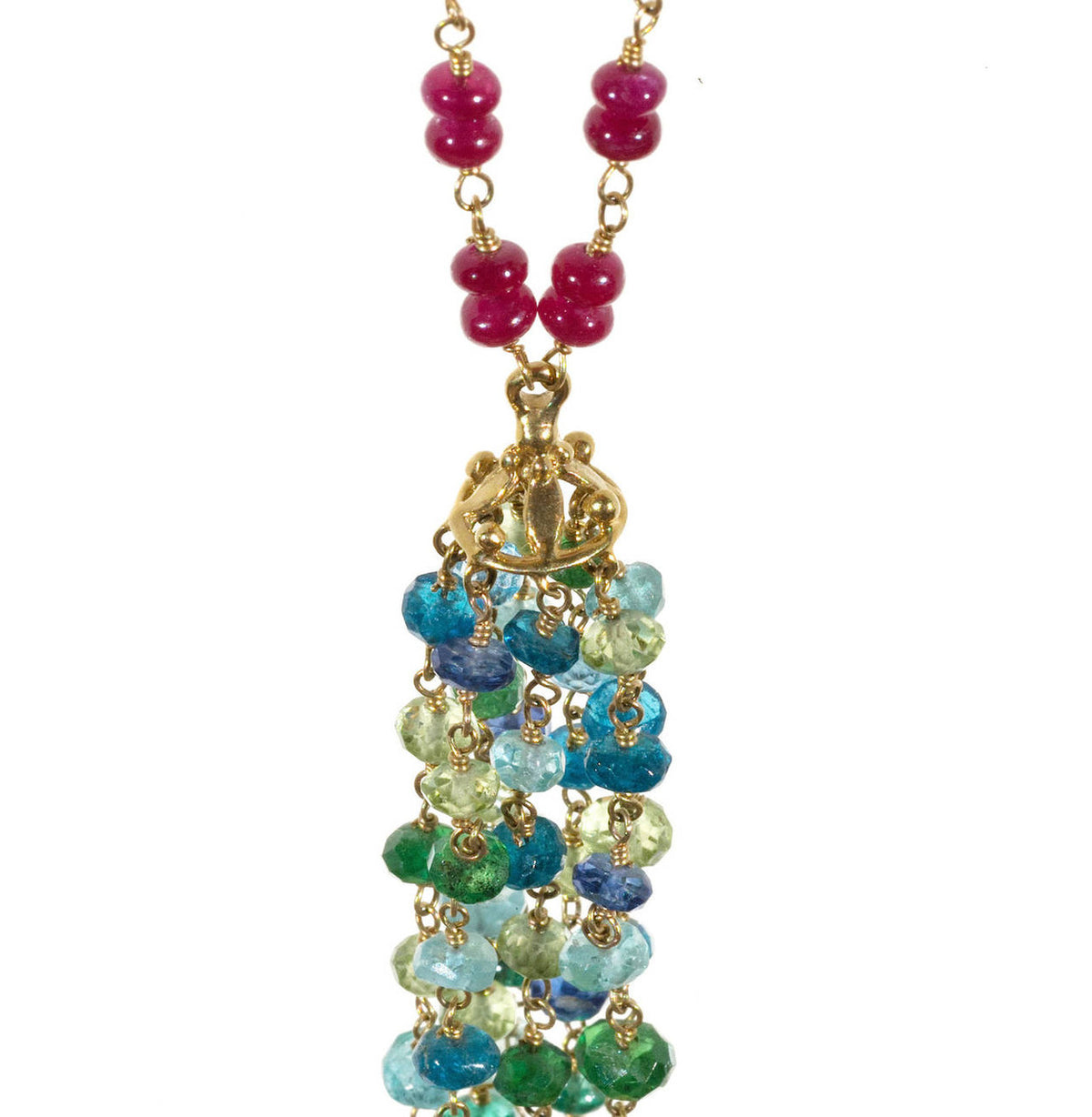 Estate 18k Gold Ruby And Multi Stone Hand Wired Rondell Bead Toggle Necklace – image 7