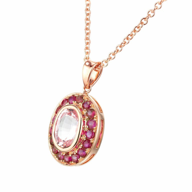 1.71 Carat Pink Sapphire Ruby Halo Rose Gold Pendant Necklace – image 2