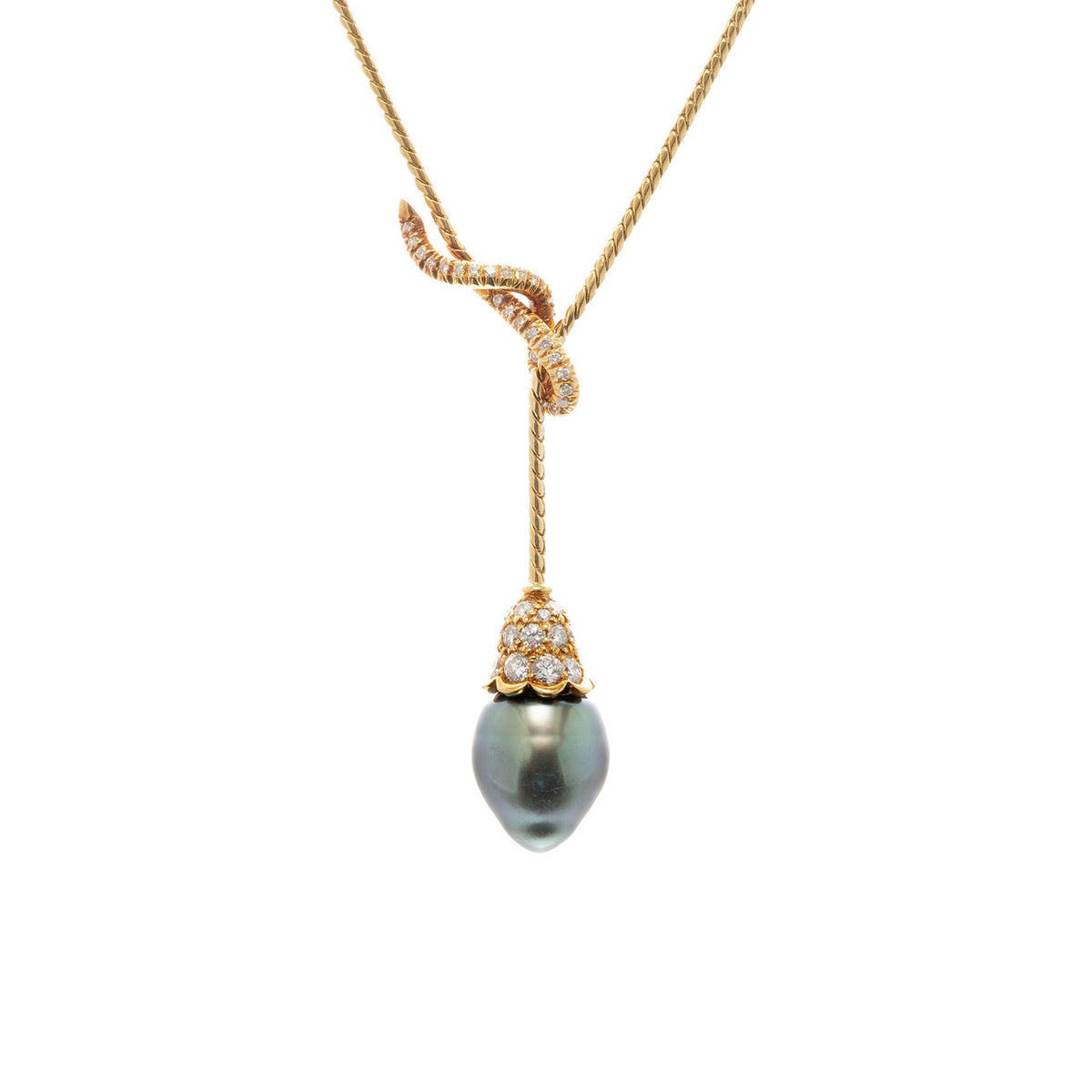 Cultured Black South Sea Pearl Diamond Yellow Gold Drop Pendant Necklace