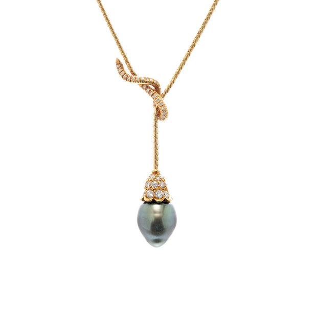 Cultured Black South Sea Pearl Diamond Yellow Gold Drop Pendant Necklace