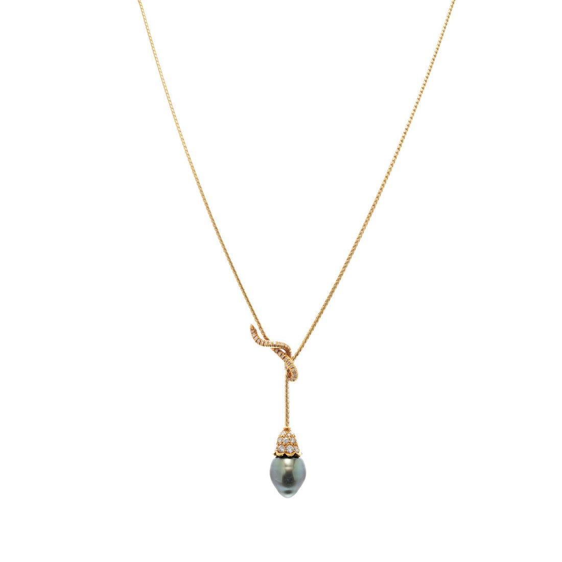 Cultured Black South Sea Pearl Diamond Yellow Gold Drop Pendant Necklace – image 2
