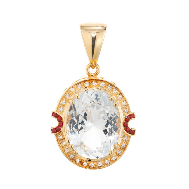 17.00 Carat Oval Precious Topaz Diamond Halo Ruby Yellow Gold Pendant Necklace
