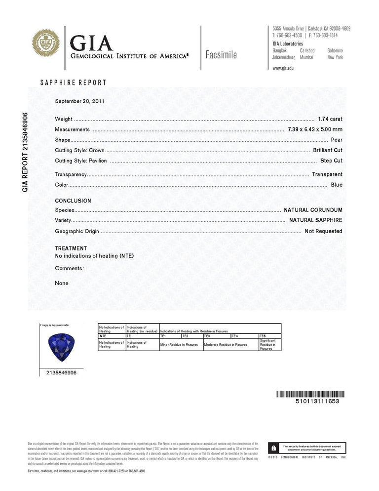 GIA Certified 1.74 Carat Pear Sapphire Diamond Platinum Pendant Necklace – image 3