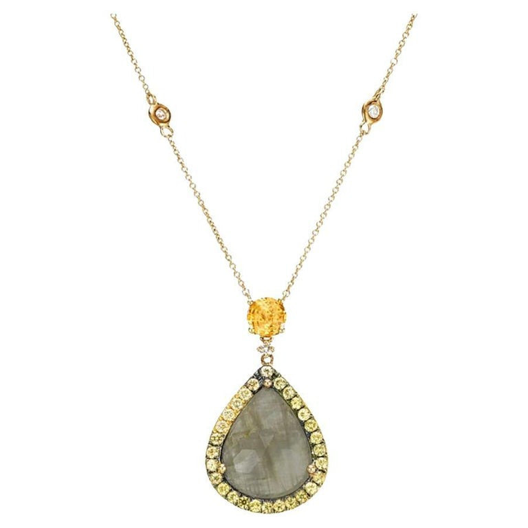 4.62 Carat Pear Shaped Grey Diamond Sapphire Gold Pendant Necklace