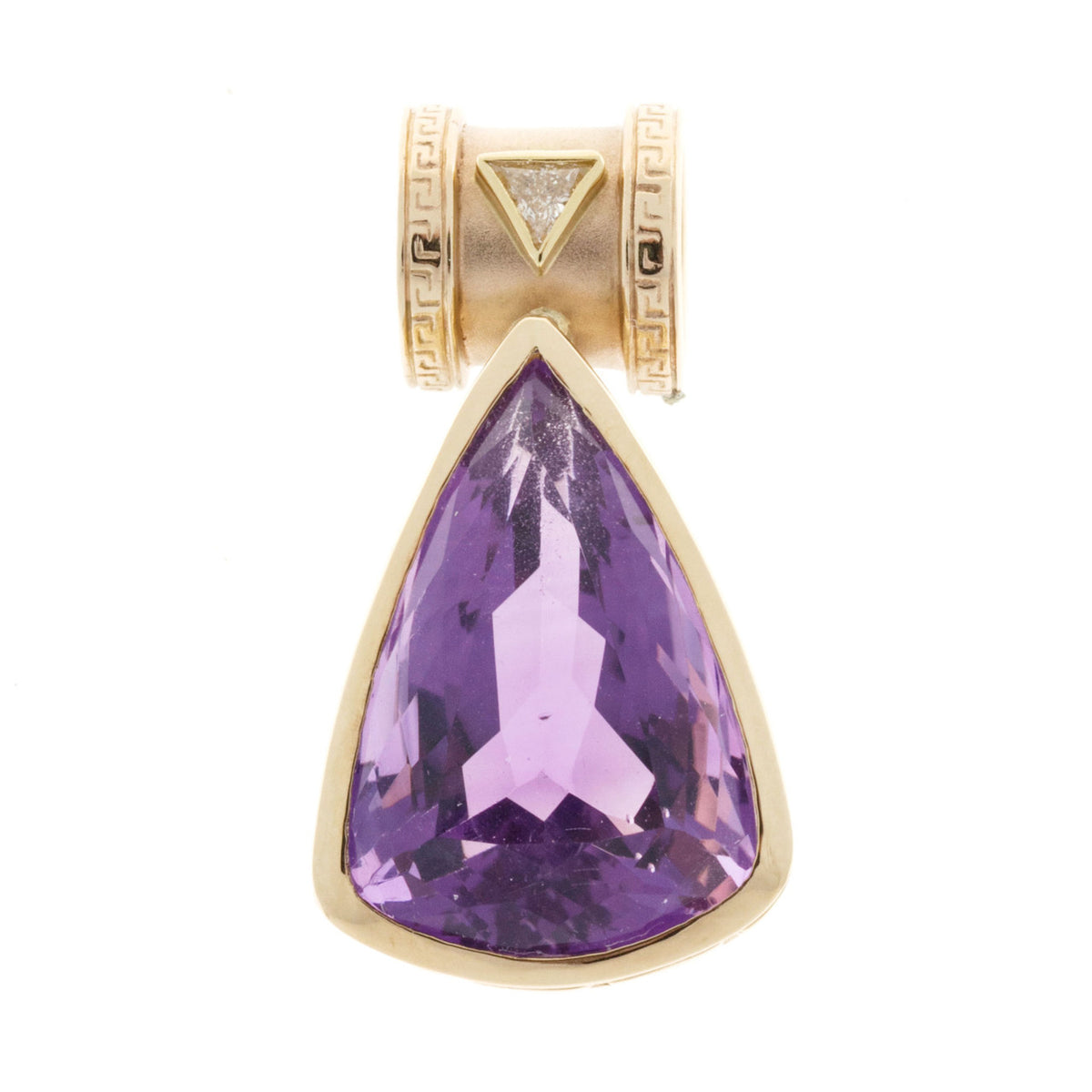 Vintage 15.50ct Amethyst .15ct Diamond 14k Yellow Gold Greek Key Pendant