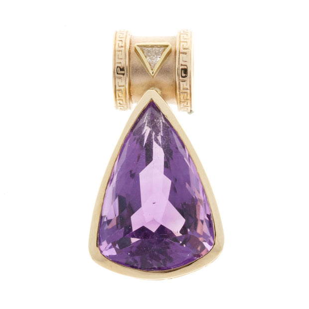 Vintage 15.50ct Amethyst .15ct Diamond 14k Yellow Gold Greek Key Pendant