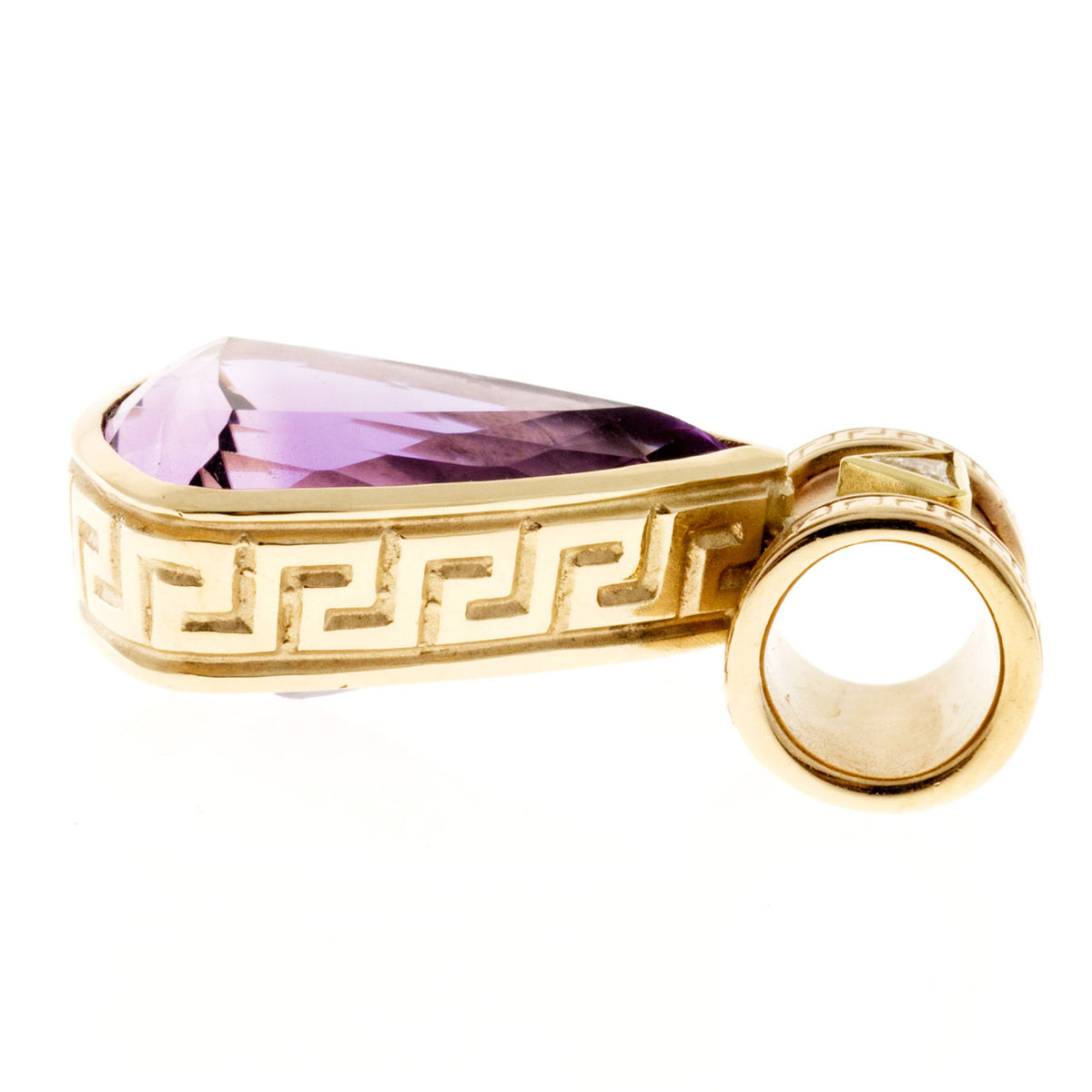 Vintage 15.50ct Amethyst .15ct Diamond 14k Yellow Gold Greek Key Pendant – image 6