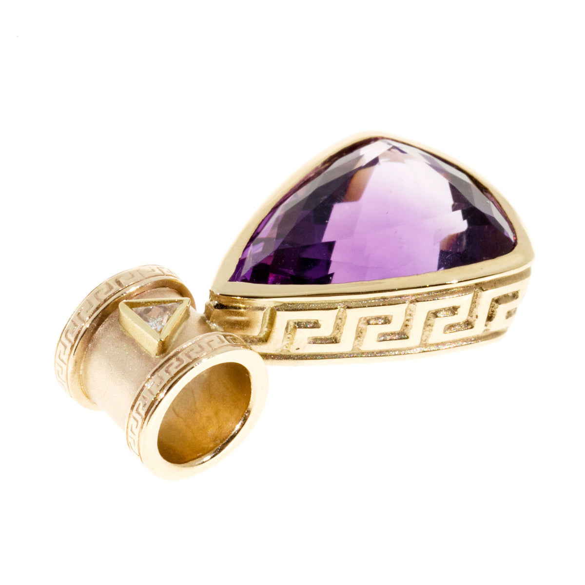 Vintage 15.50ct Amethyst .15ct Diamond 14k Yellow Gold Greek Key Pendant – image 3