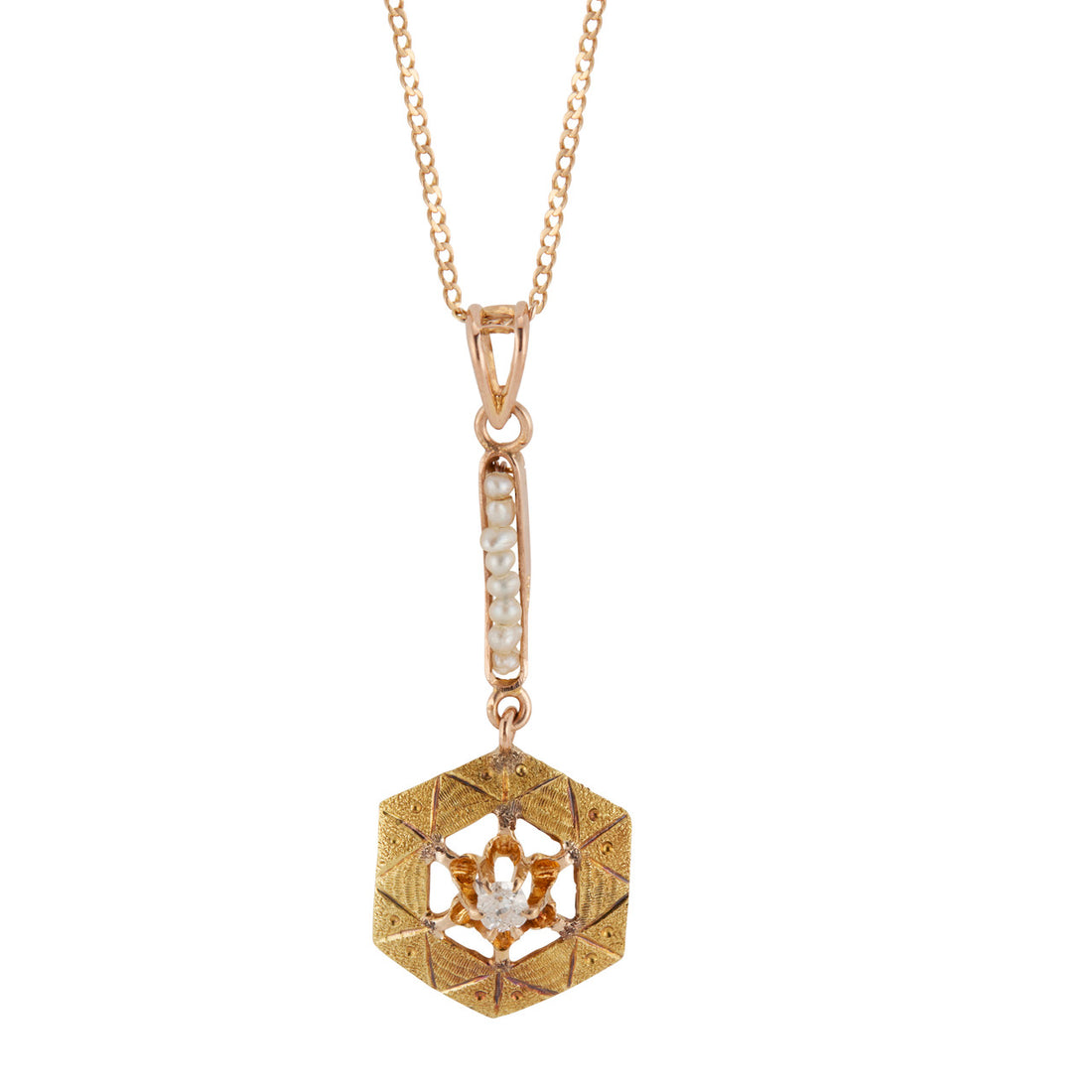 Vintage Estate Pink Gold .025ct Diamond 8 Natural Pearl 10k Retro Deco Pendant – image 4